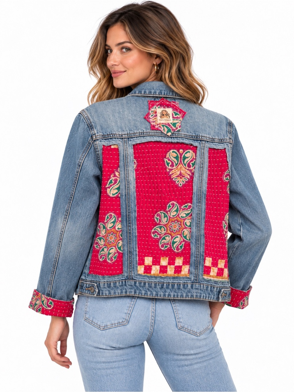Upcycled Kantha Denim Jacket XL Patchwork Boho Distressed Jean Jacket